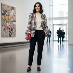 Talbots Tweed Blazer Wool Blend Jacket Red Black‎ White Plaid Button Front Sz 12